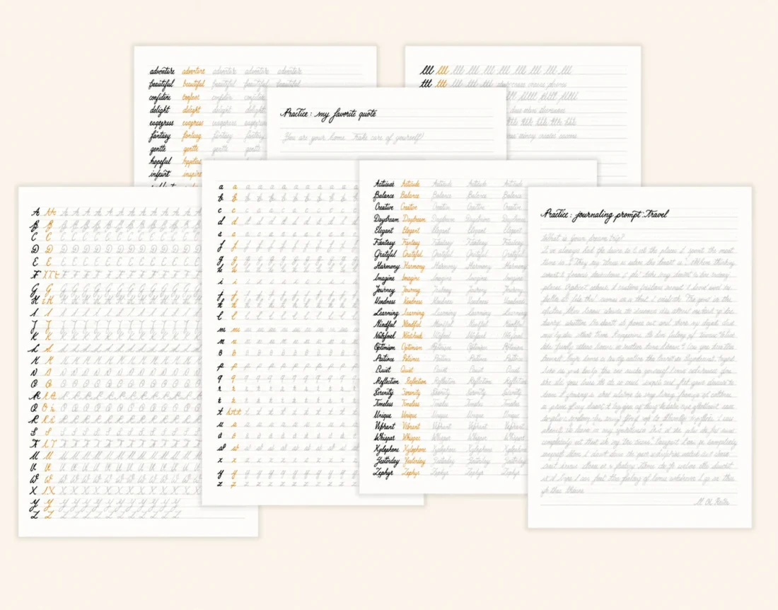 Collage of printable handwriting worksheets, alphabet tracing pages, word practice sheets and journaling prompts included in the bundle