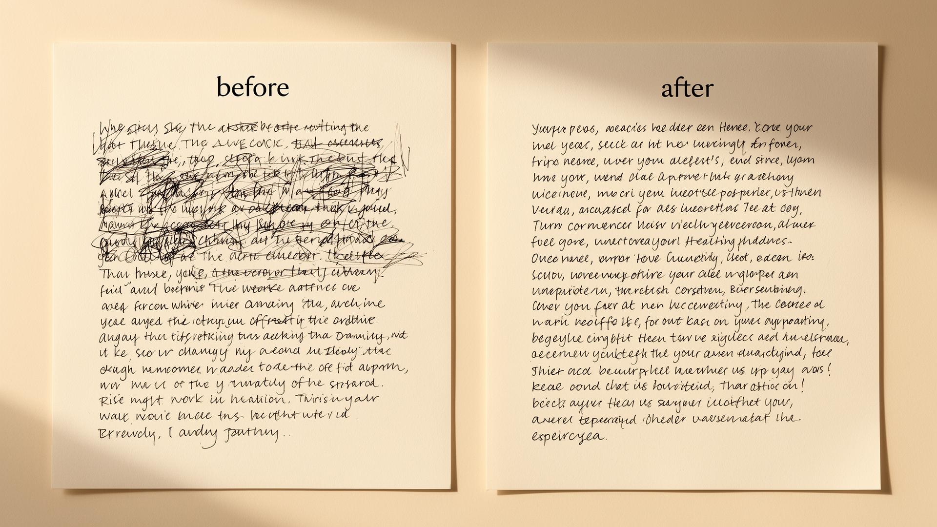 Before and after handwriting comparison showing real improvement